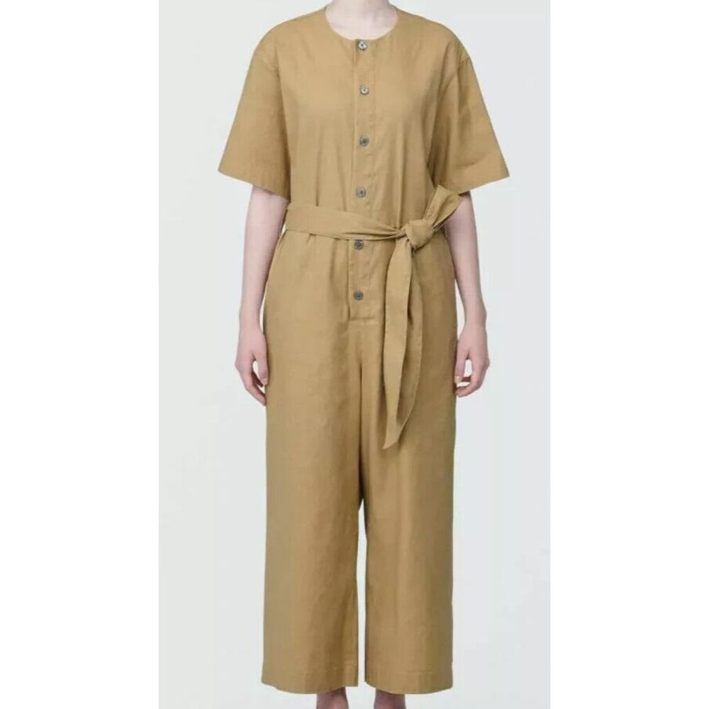 Muji Jumpsuit Women's Large Beige Hemp‎ Blend Stretch Belted Boho Neutral Hippie